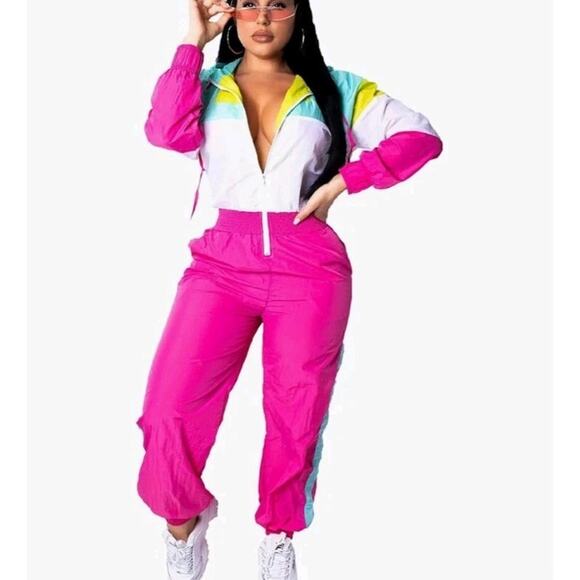 80s 90s Y2K Neon Colorblock Jumpsuit Ski Suit Jumper Womens Costume Party S M - Picture 1 of 7